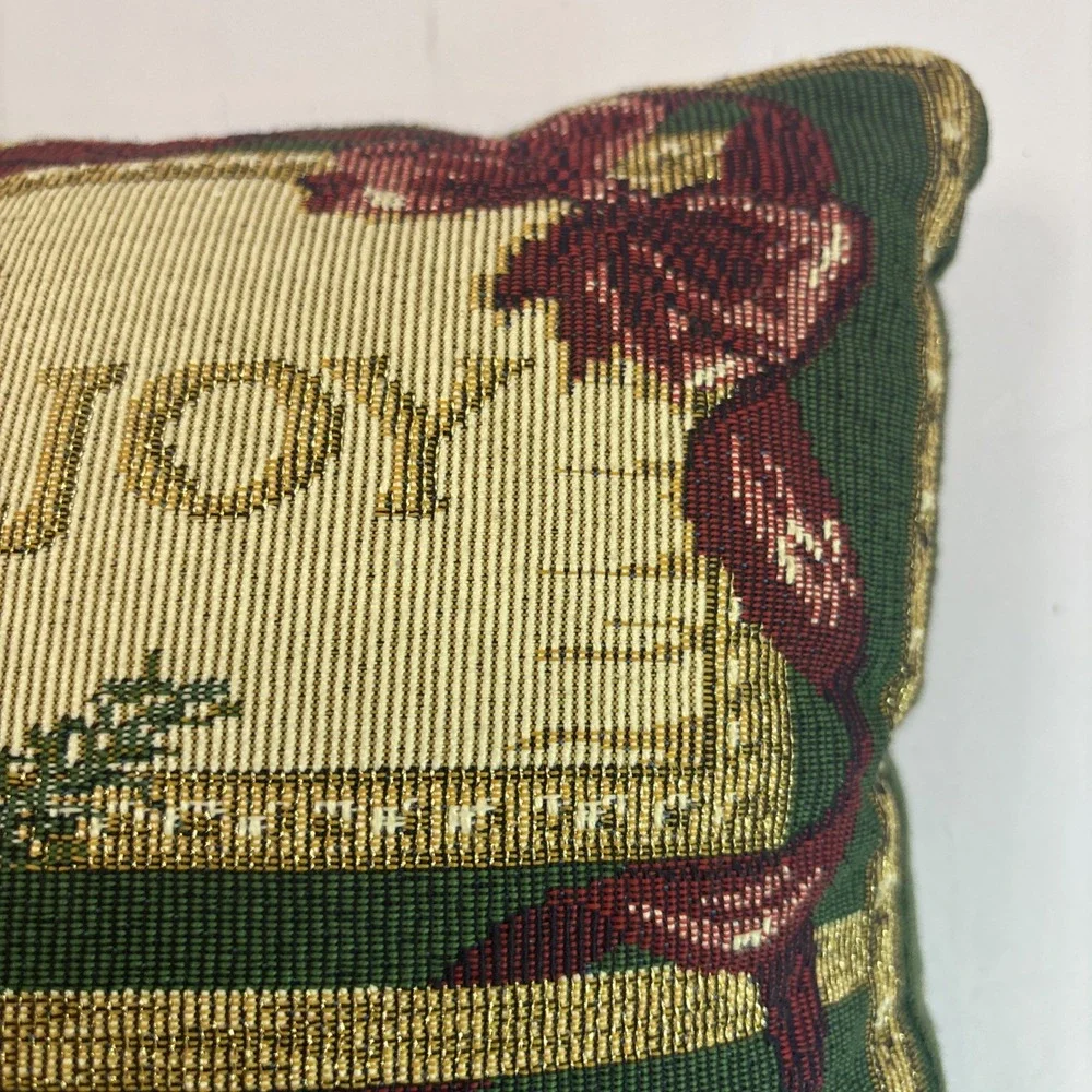 Vintage Christmas‎ Tapestry Throw Accent Pillow Gold Green Back 15x11